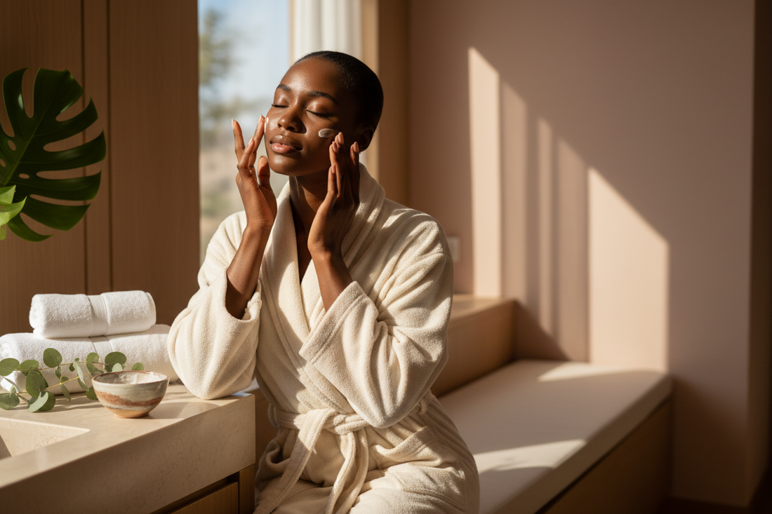 Woman in a cream robe enjoying a gentle skincare moment in a serene spa setting