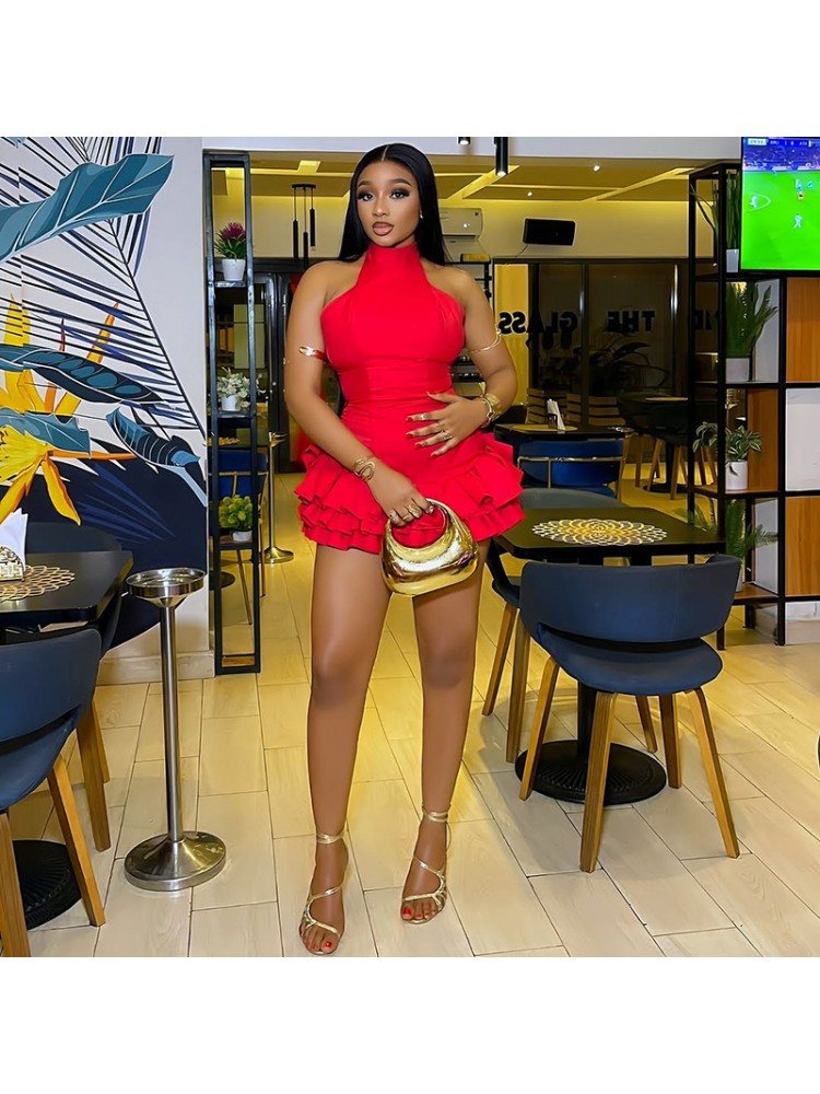 Solid Ruffles A-line Backless Halter Mini Dress