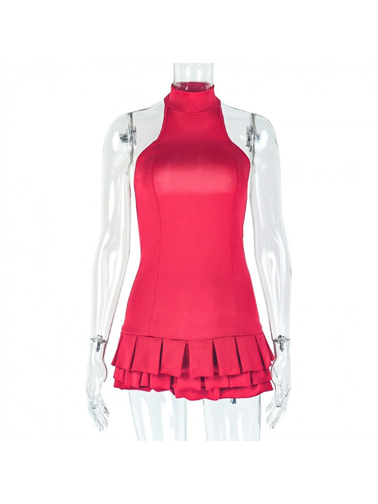 Solid Ruffles A-line Backless Halter Mini Dress