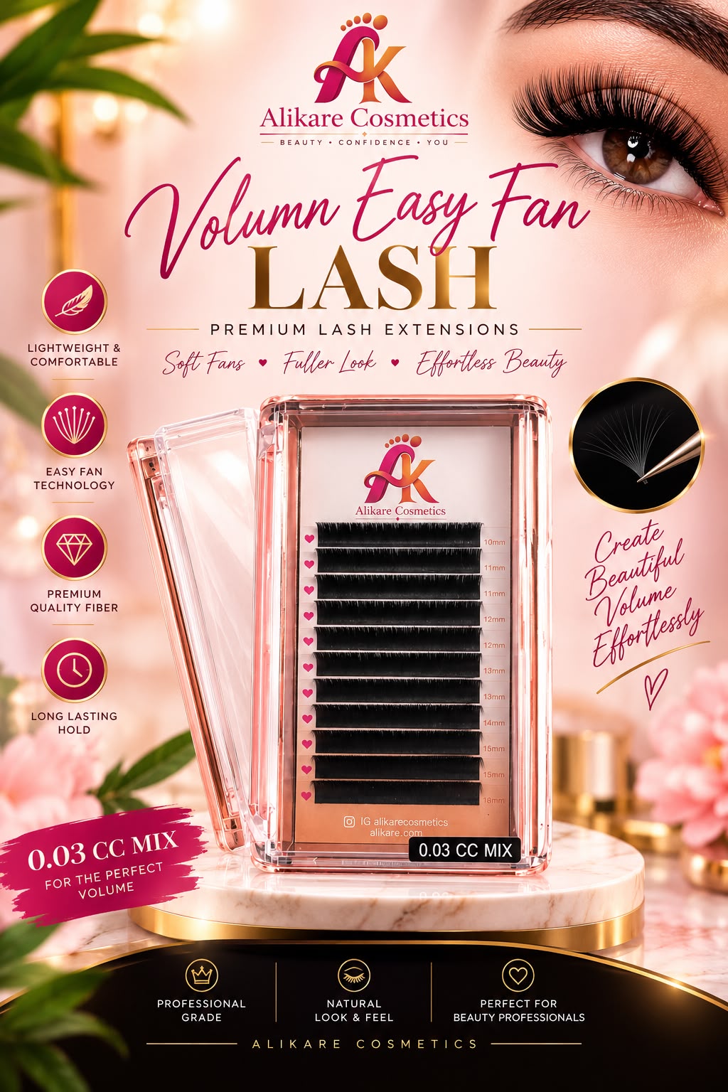 Alikare Volume Easy Fan premium lash extensions tray labeled 0.03 CC MIX