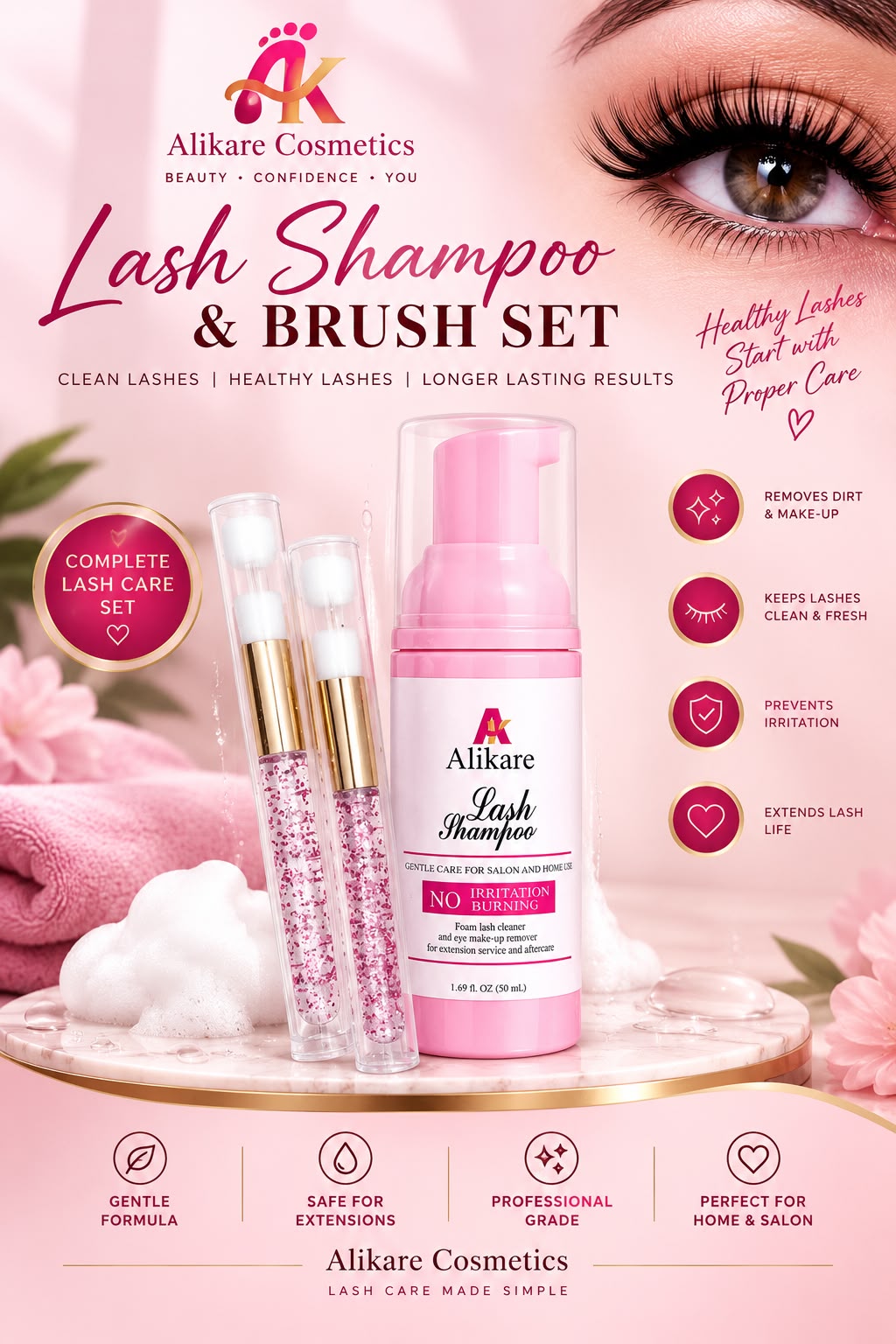 Alikare Lash Shampoo and Brush Set with 50ml foaming cleanser and pink glitter-handled brushes