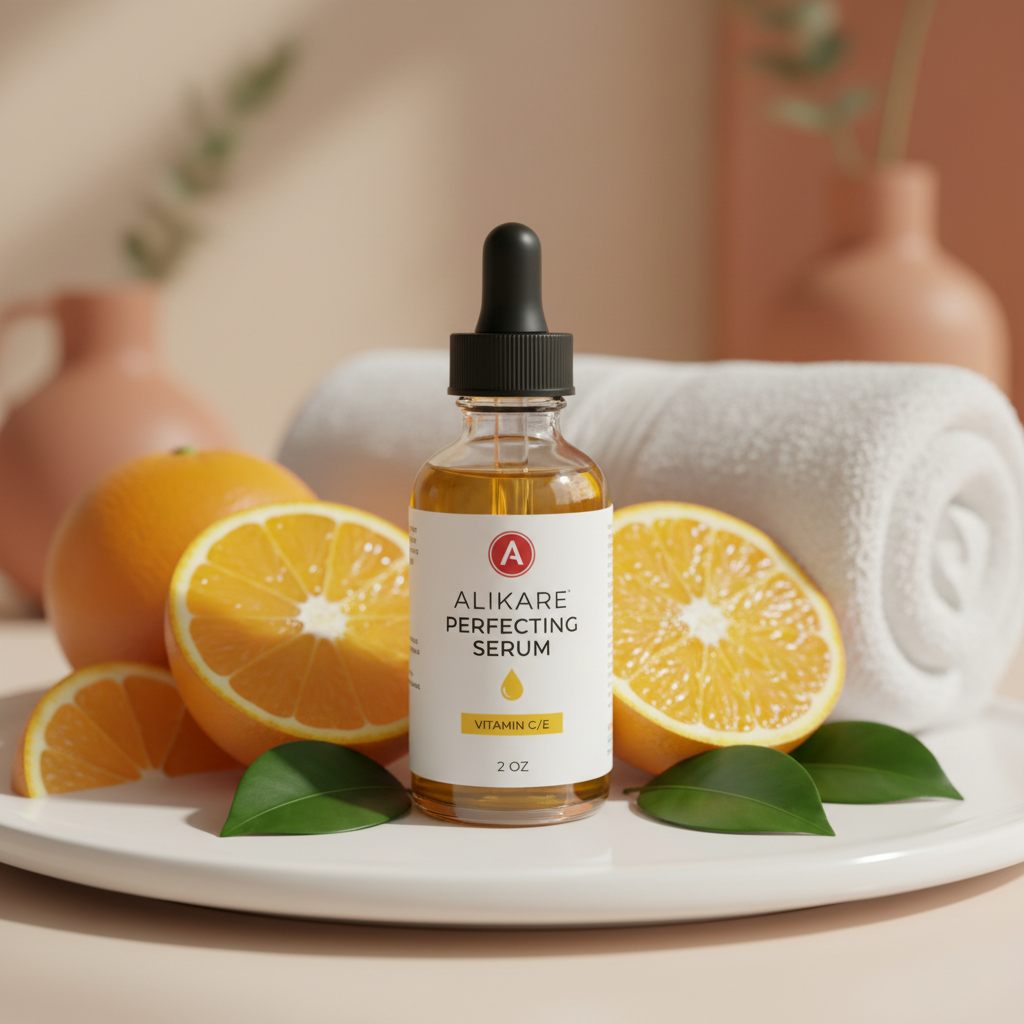 Alikare Perfecting Vitamin C Serum 2oz in spa setting with oranges and towel