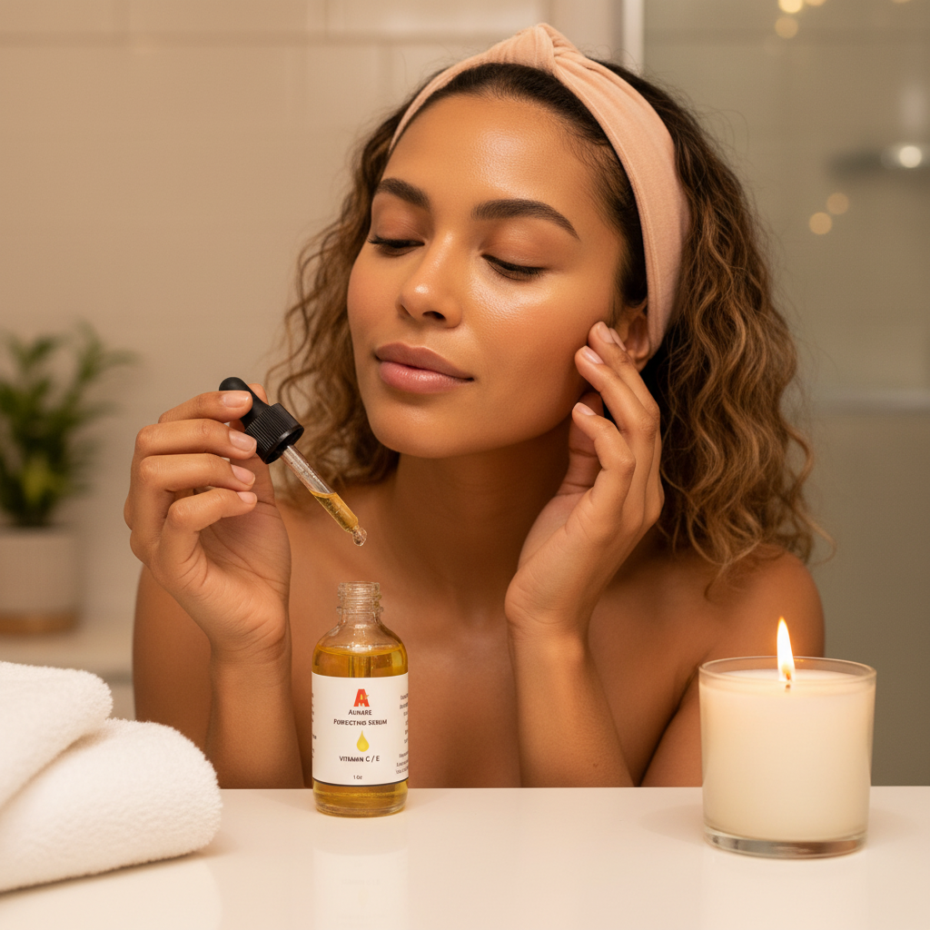 Alikare Perfecting Vitamin C Serum 2oz - lifestyle with facial, towel and candle